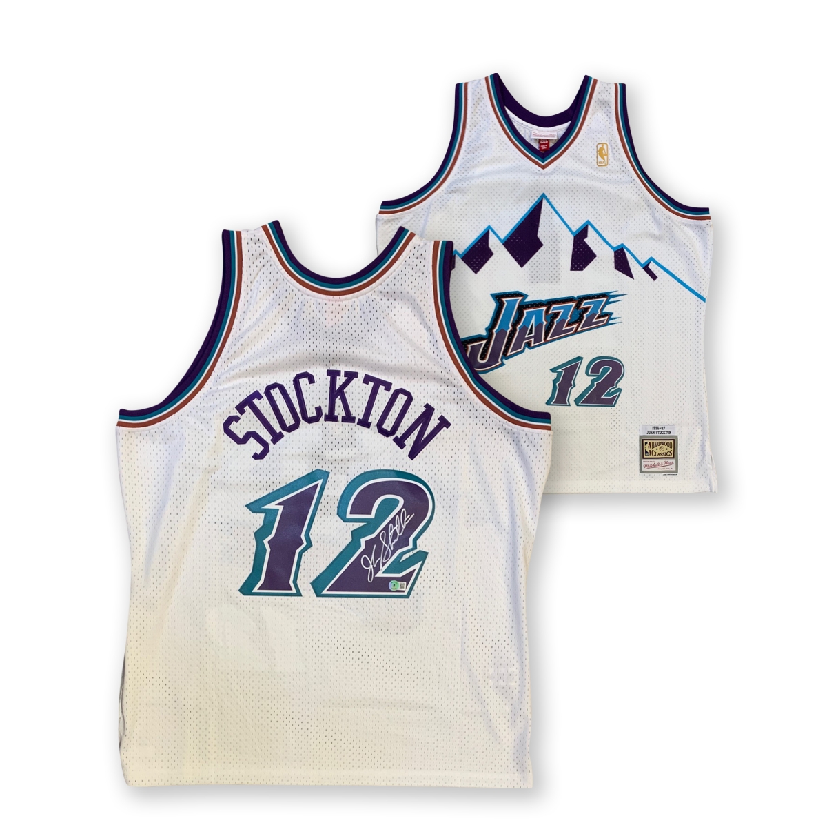 Picture of Powers Sports Memorabilia 114184566 John Stockton Autographed Utah Jazz Mitchell & Ness White Swingman Signed Basketball Jersey Beckett COA XL
