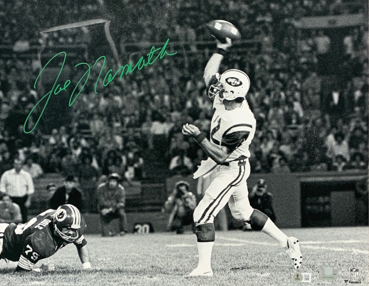 Picture of Powers Sports Memorabilia 114185333 Joe Namath Autographed   York Jets Signed Football 16 x 20 Photo Beckett COA