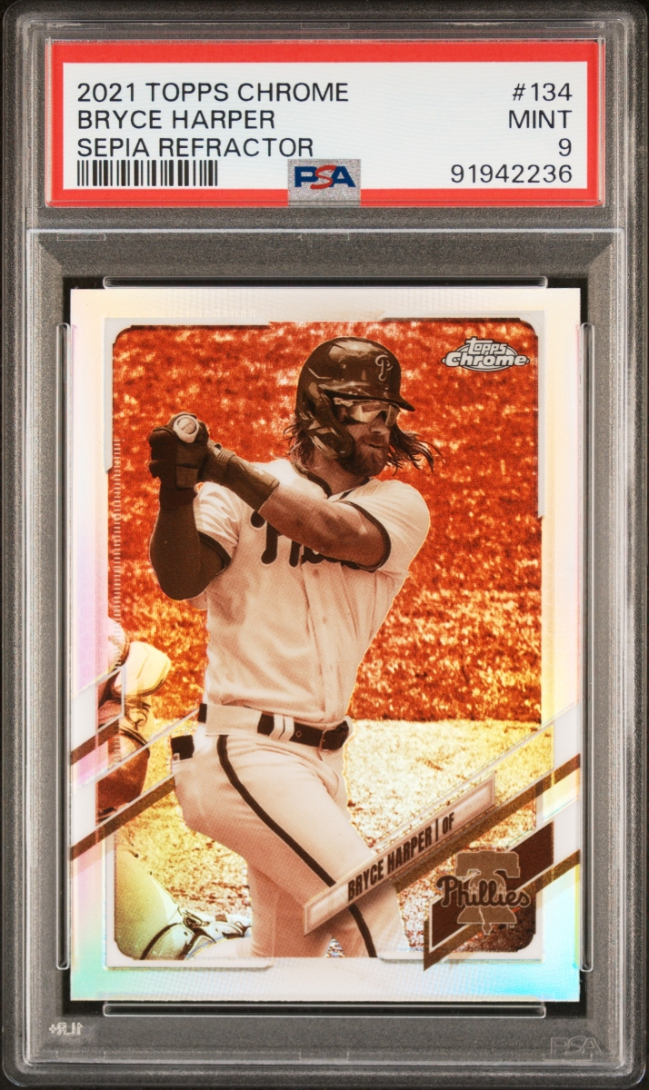 Picture of Powers Sports Memorabilia 114185014 Bryce Harper 2021 Topps Chrome Sepia Refractor Baseball Card - No.134 Graded PSA 9