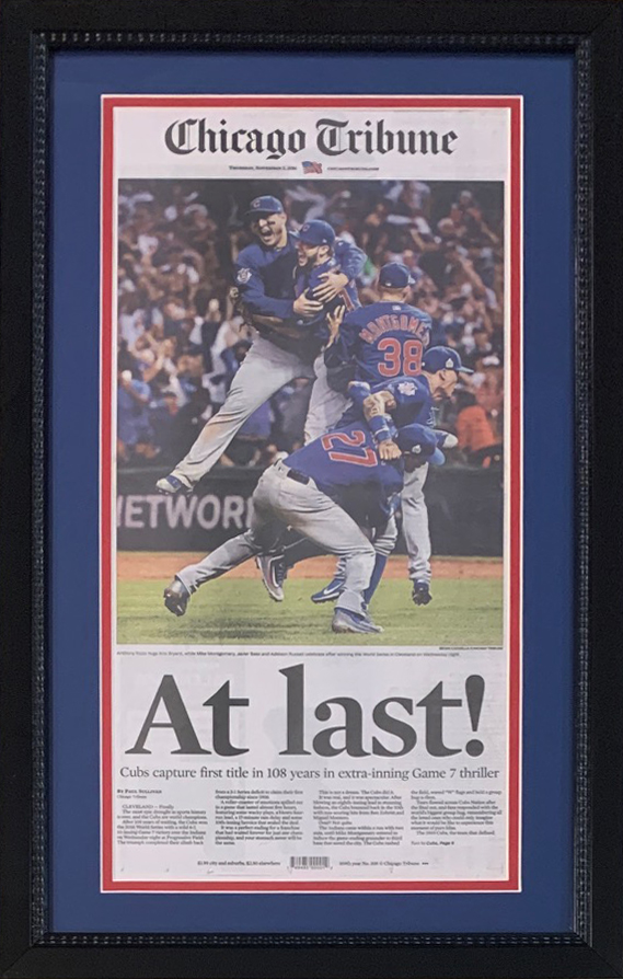 Picture of Powers Sports Memorabilia 114185286 Chicago Cubs 2016 World Series Champions Original Front Page  spaper At Last Tribune Framed In Black Frame Historic Baseball Memorabilia