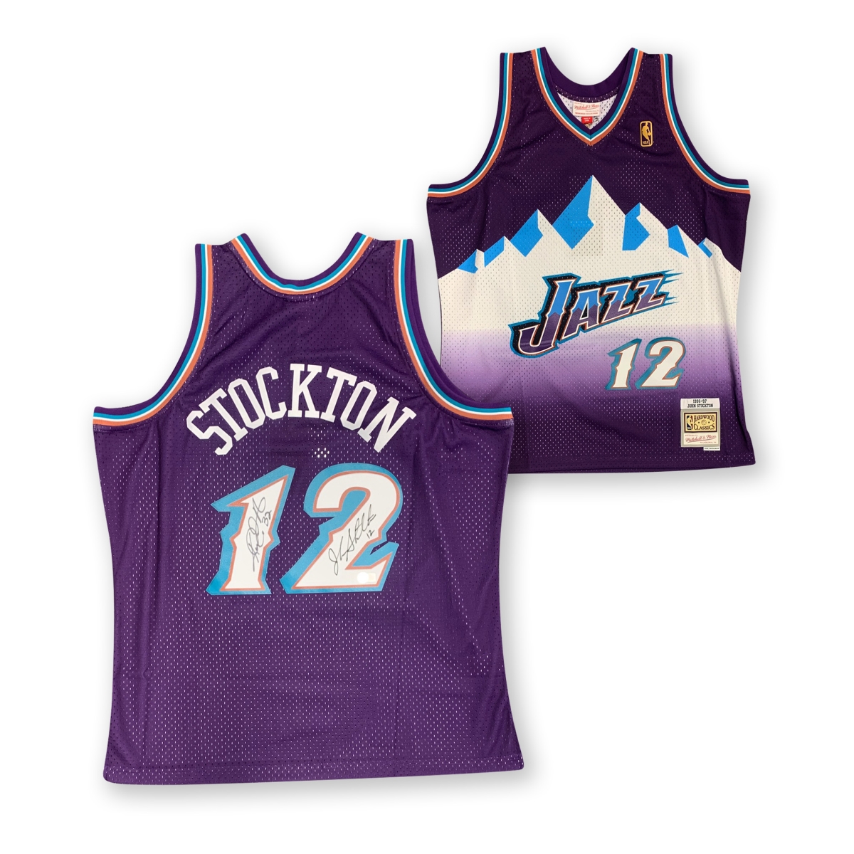 Picture of Powers Sports Memorabilia 114185395 John Stockton&#44; Karl Malone Autographed Utah Jazz Signed Mitchell & Ness Swingman Basketball Jersey Beckett COA B