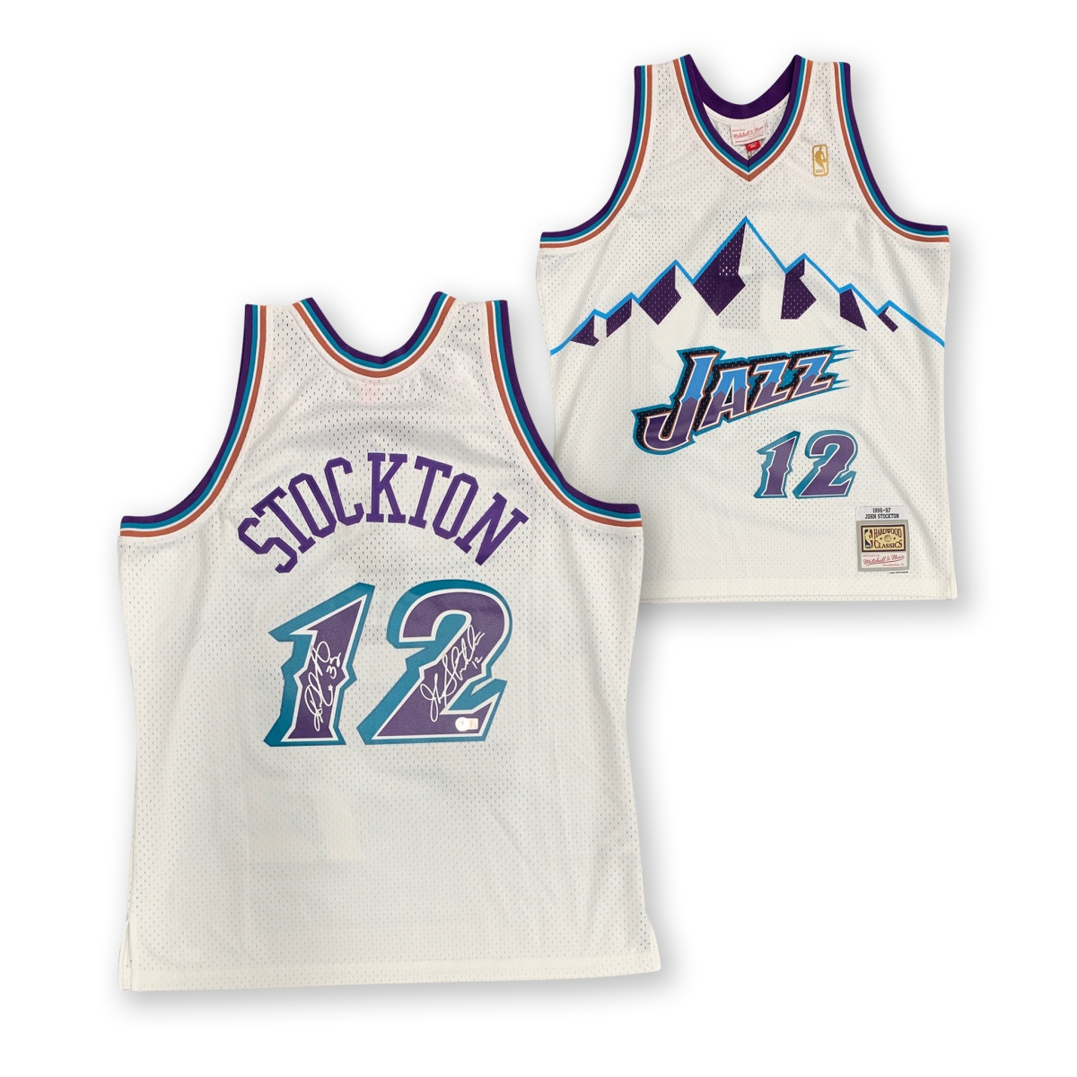 Picture of Powers Sports Memorabilia 114185396 John Stockton&#44; Karl Malone Autographed Utah Jazz Signed Mitchell & Ness Swingman Basketball Jersey Beckett COA C
