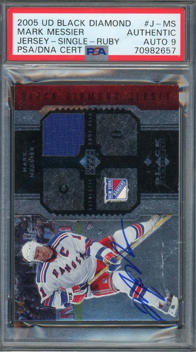 Picture of Powers Sports Memorabilia 114182212 Mark Messier 2005 Upper Deck Signed Game Used Jersey Patch Card - No.J-MS Auto PSA 9