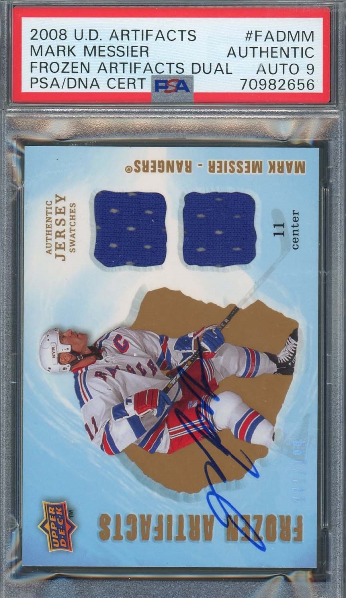 Picture of Powers Sports Memorabilia 114182214 Mark Messier 2008 Upper Deck Signed Game Used Jersey Patch Dual Card Auto PSA 9