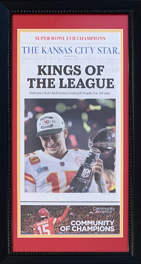Picture of Powers Sports Memorabilia 114182230 Kansas City Chiefs Super Bowl 57 LVII Champions Original Front Page KC Star 14 x 26 Framed  spaper with Patrick Mahomes 2-14-23 Kings of The League