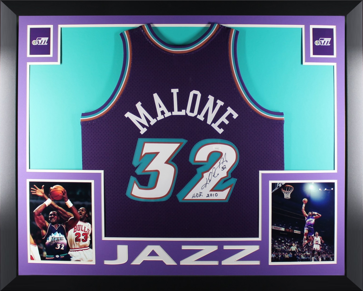 Picture of Powers Sports Memorabilia 114182408 Karl Malone Autographed Utah Jazz Signed Mitchell & Ness Swingman Framed Jersey Hall of Fame HOF 2010 JSA COA