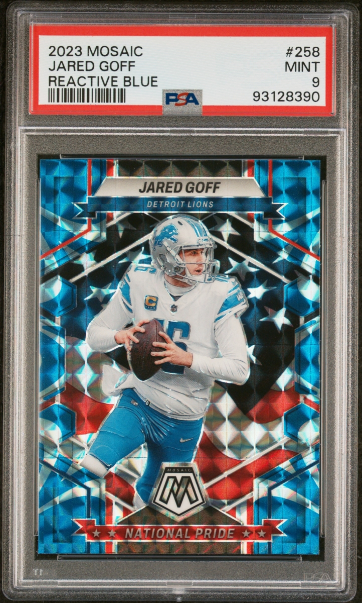 Picture of Powers Sports Memorabilia 114185099 Jared Goff 2023 Panini Mosaic Reactive Blue Football Card - No.258 Graded PSA 9