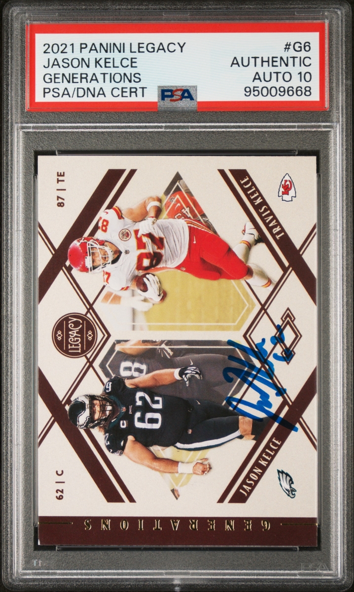 Picture of Powers Sports Memorabilia 114185305 Jason Kelce 2021 Panini Legacy Signed Football Card - No.G6 Auto Graded PSA 10 09668