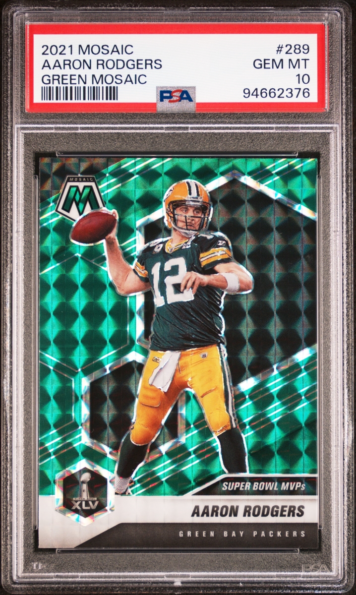 Picture of Powers Sports Memorabilia 114185346 Aaron Rodgers 2021 Panini Mosaic Green Football Card - No.289 Graded PSA 10