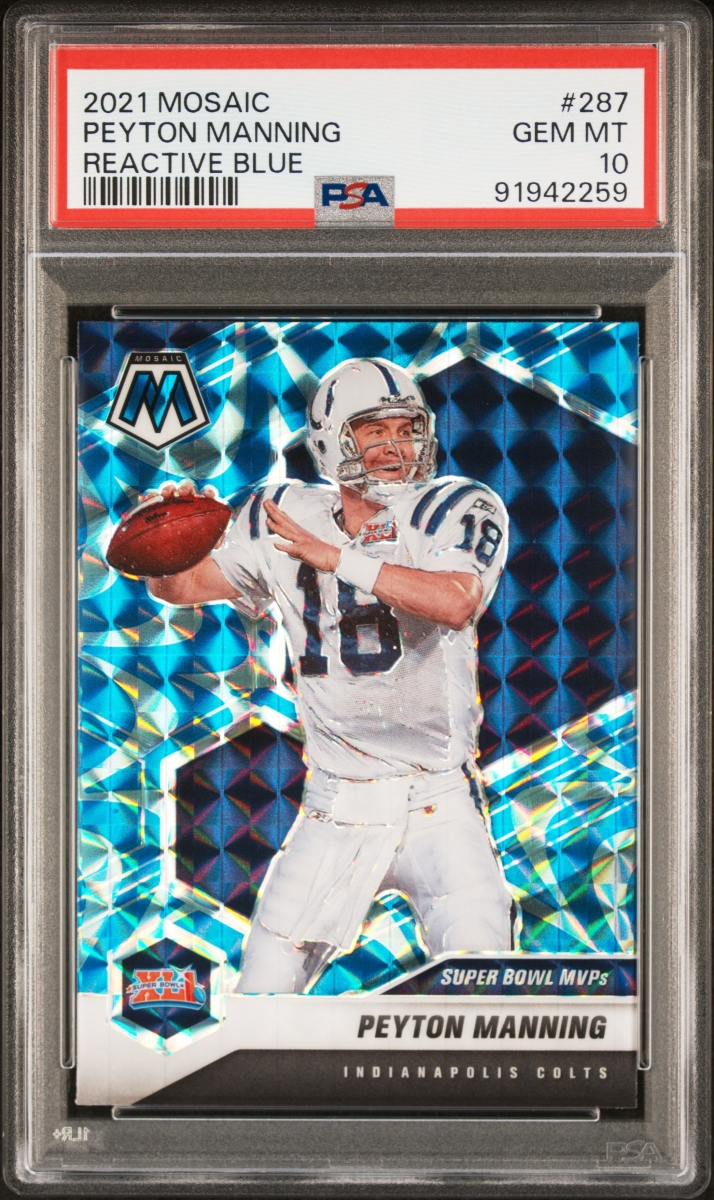 Picture of Powers Sports Memorabilia 114185025 Peyton Manning 2021 Panini Mosaic Reactive Blue Football Card - No.287 Graded PSA 10