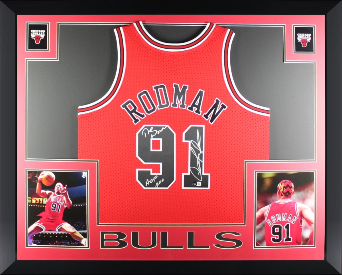 Picture of Powers Sports Memorabilia 114184204 Dennis Rodman Autographed Chicago Bulls Signed Mitchell & Ness Swingman Framed Jersey WORM HOF 2011 Beckett COA
