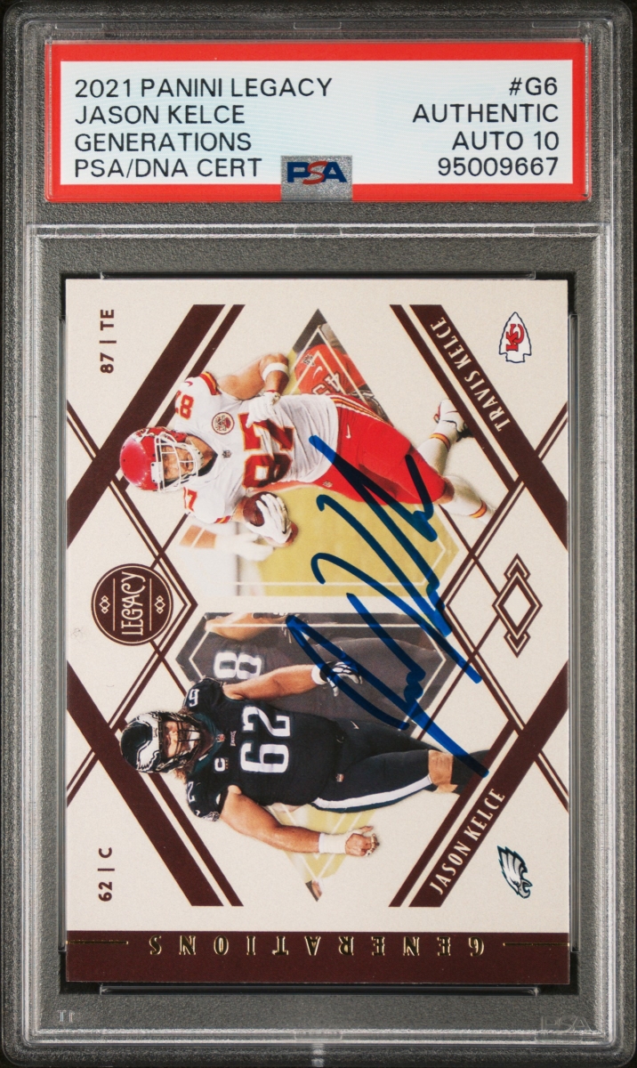 Picture of Powers Sports Memorabilia 114185304 Jason Kelce 2021 Panini Legacy Signed Football Card - No.G6 Auto Graded PSA 10 09667
