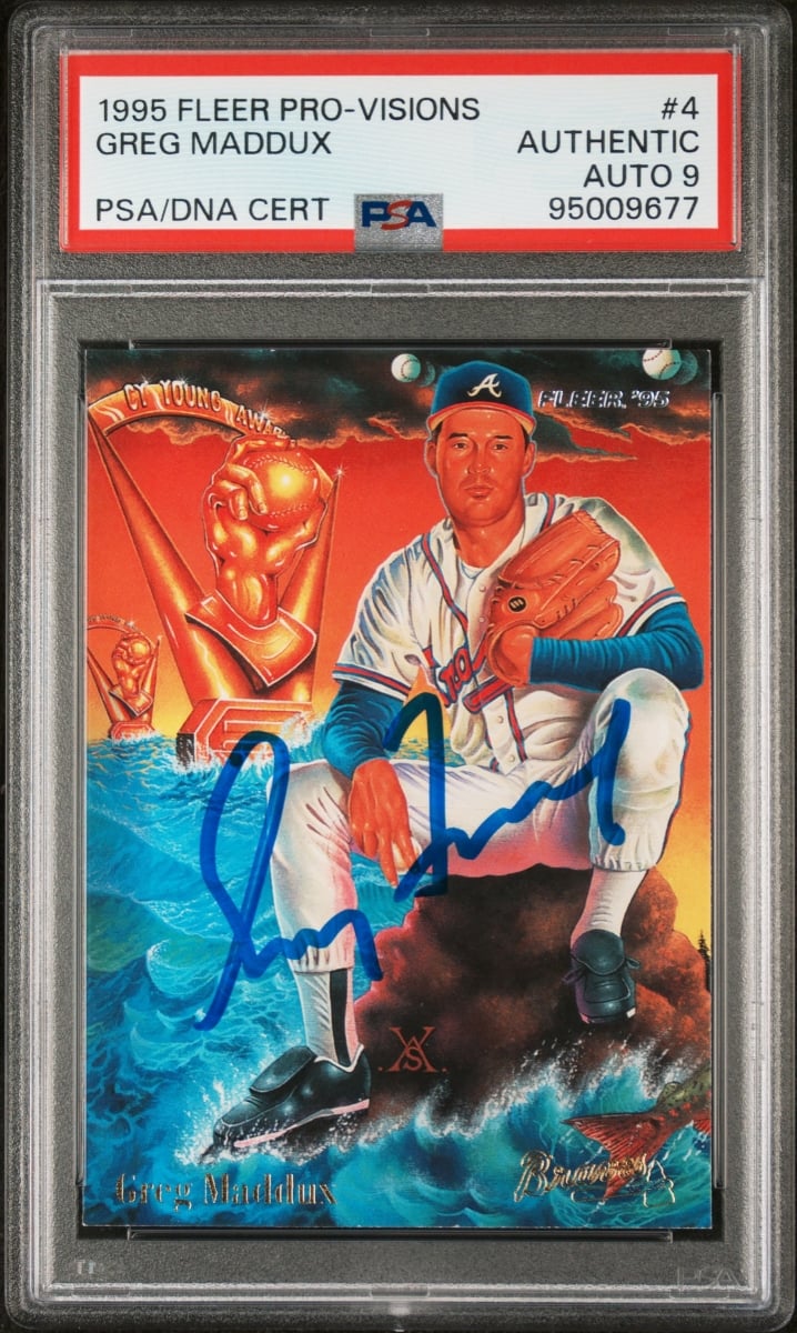 Picture of Powers Sports Memorabilia 114185314 Greg Maddux 1995 Fleer Pro Visions Signed Baseball Card - No.4 Auto Graded PSA 9 677