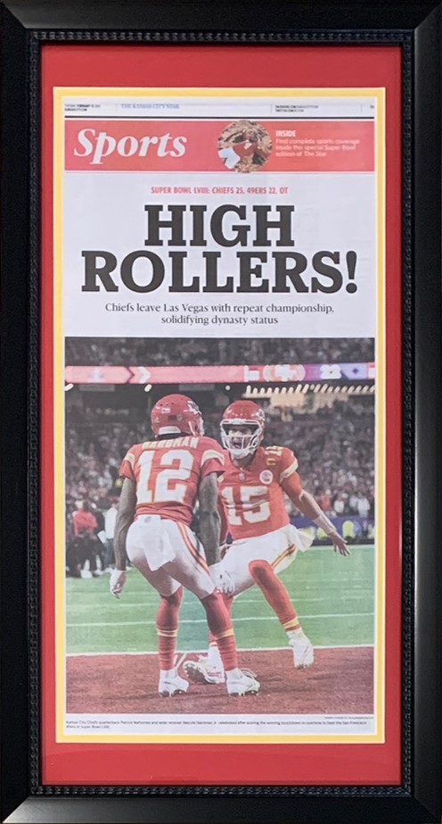 Picture of Powers Sports Memorabilia 114184710 Kansas City Chiefs Super Bowl 58 LVIII Champions Original Front Page KC Star Framed  spaper with Patrick Mahomes 2-13-24 High Rollers