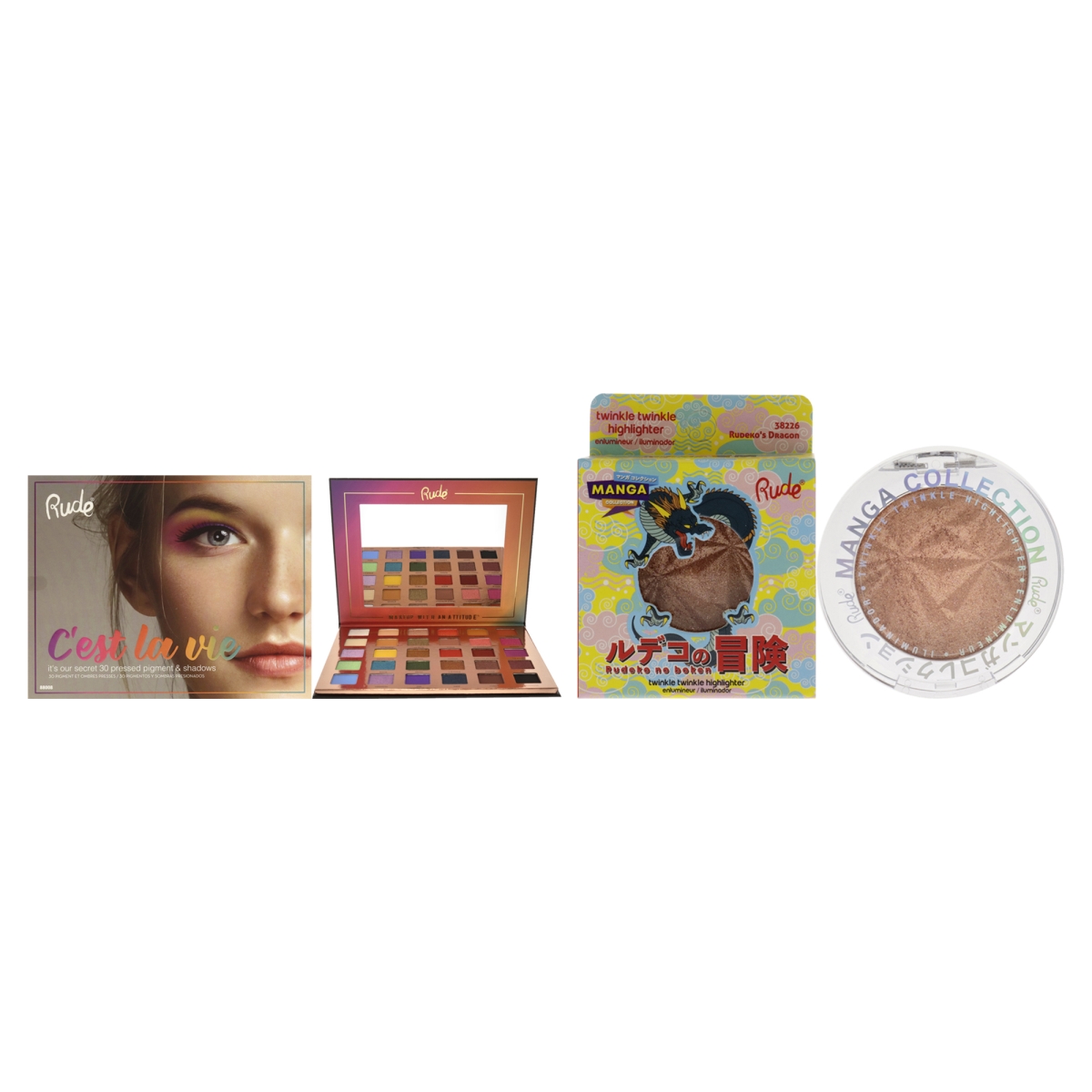 Picture of Rude Cosmetics K0005603 2 Piece Manga Collection Twinkle Highlighter&#44; Rudekos Dragon & Cest La Vie 30 Eyeshadow Palette Kit for Women