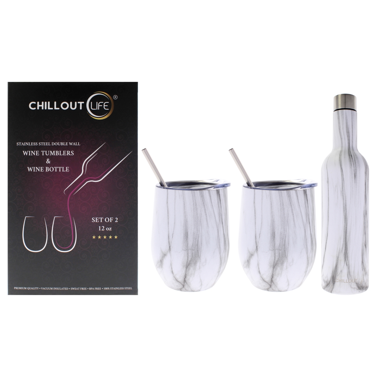 Picture of Chillout Life I0159758 Stainless Steel Insulated Wine Tumbler & Wine Bottle - Carrara Marble - 3 Piece