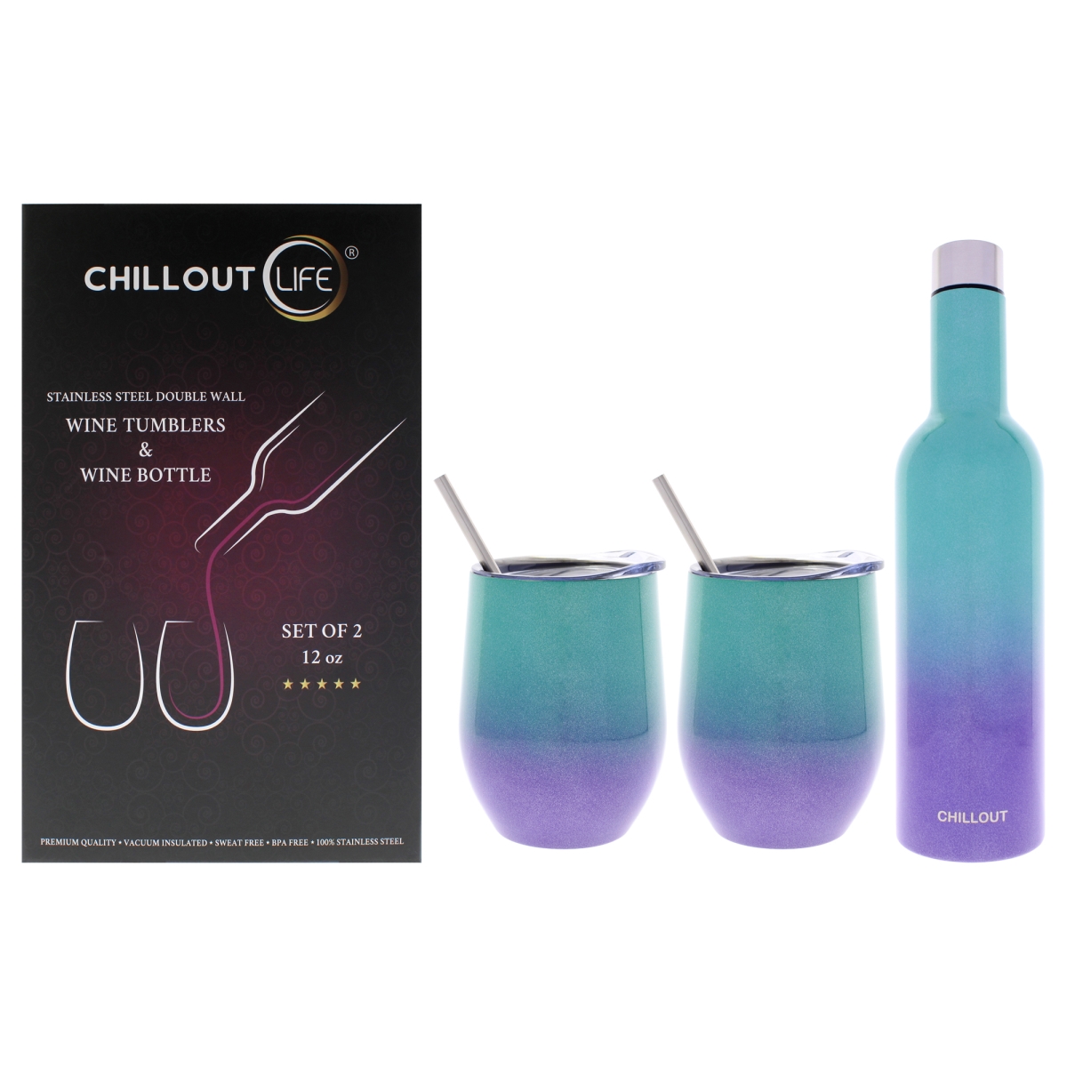 Picture of Chillout Life I0159757 Stainless Steel Insulated Wine Tumbler & Wine Bottle - Mermaid Sparkle - 3 Piece