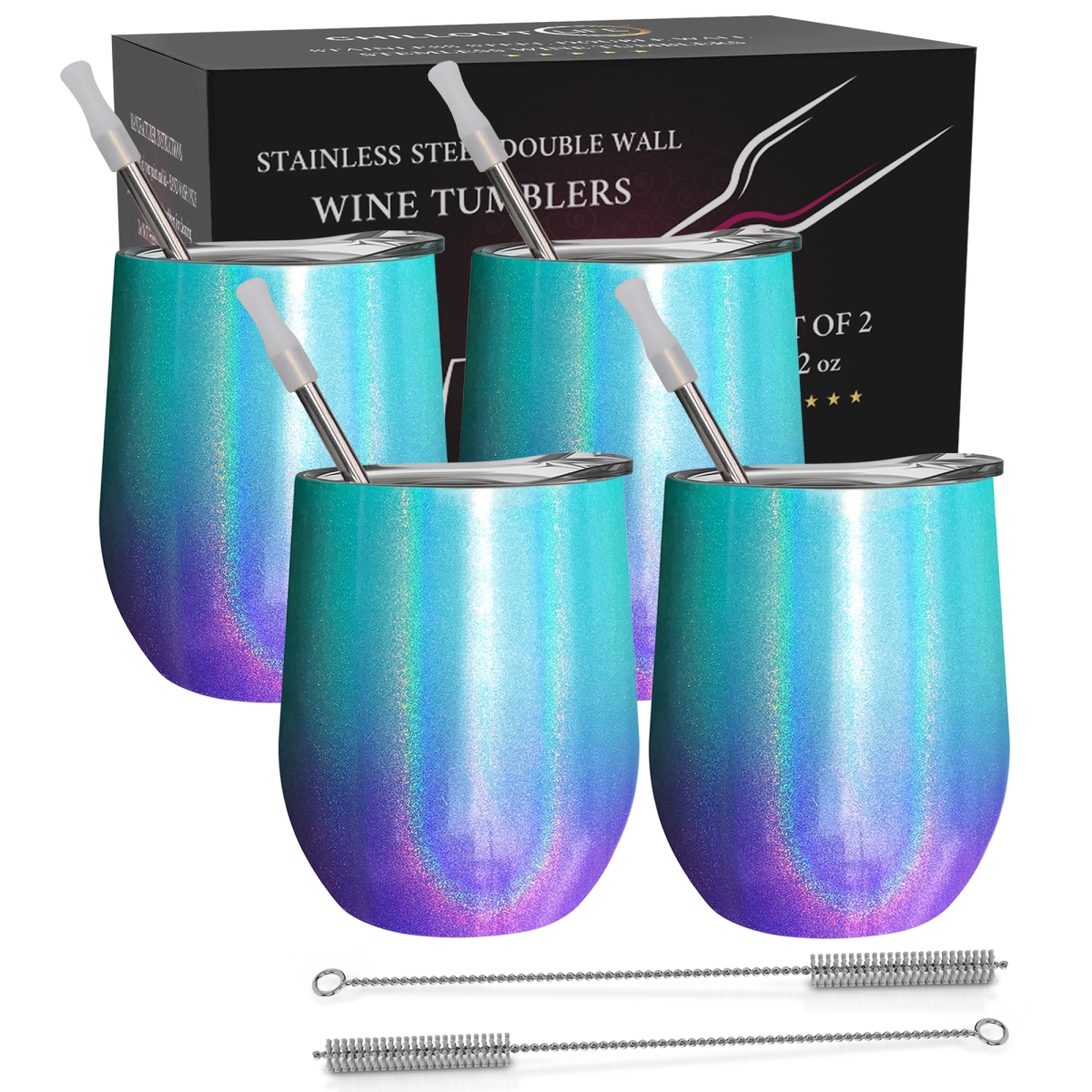 Picture of Chillout Life I0112321 12 oz Stainless Steel Insulated Wine Tumbler - Mermaid Sparkle - 4 Piece