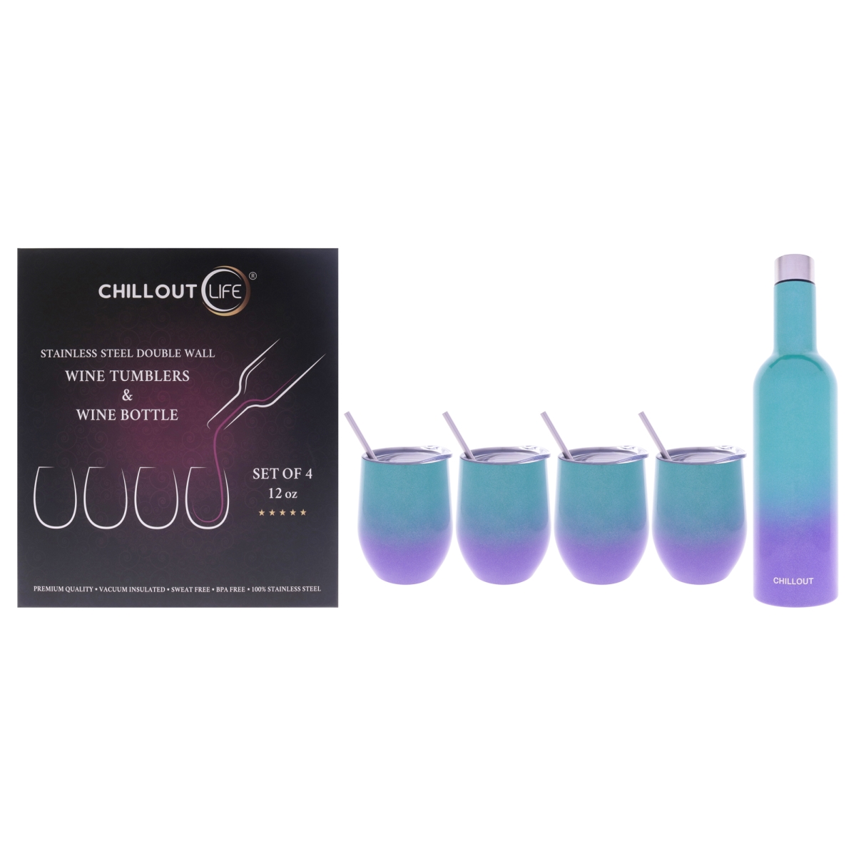 Picture of Chillout Life I0159760 Stainless Steel Insulated Wine Tumbler & Wine Bottle - Mermaid Sparkle - 5 Piece