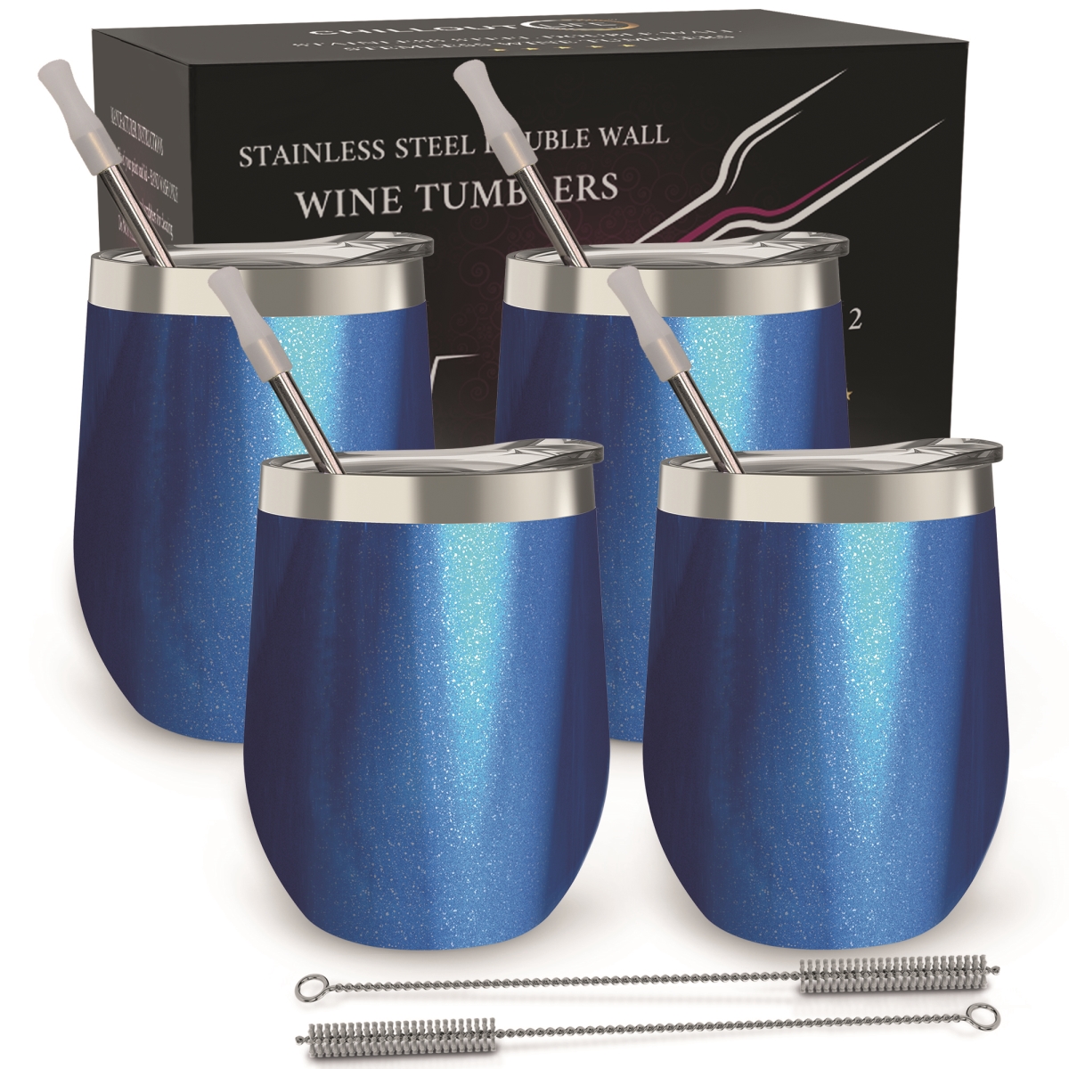 Picture of Chillout Life I0112316 12 oz Stainless Steel Insulated Wine Tumbler - Blue Sparkle - 4 Piece
