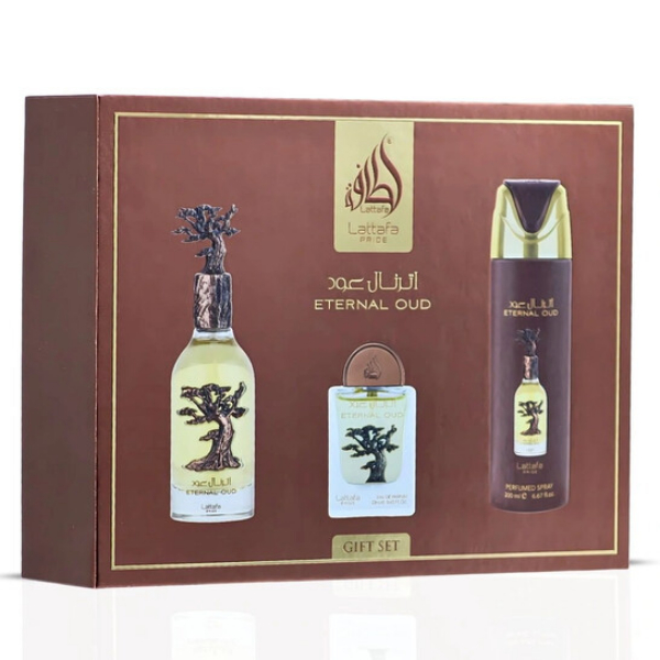 Pride - Eternal Oud by Lattafa for Men - 3 Pc Gift Set 3.4oz EDP Spray, 6.67oz Perfumed Body Spray, 0.65oz EDP Spray
