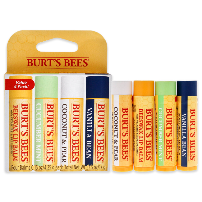 Burt's Bees Moisturizing Lip Balm, Beeswax, Cucumber Mint, Coconut Pear and Vanilla Bean, 4 ct - 0.15 oz | CVS