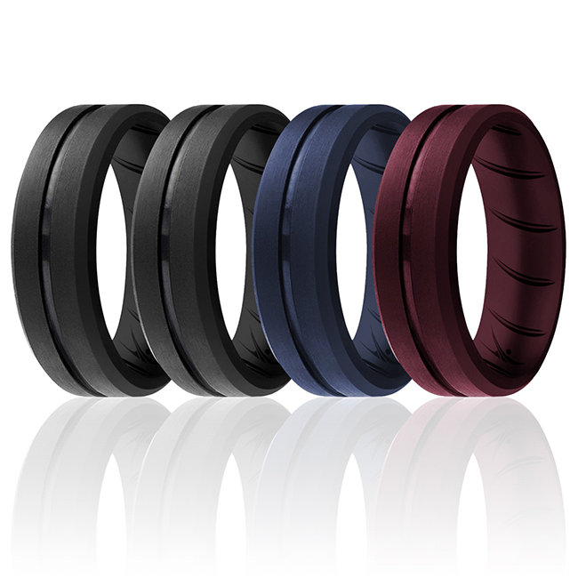 I0118851 Men Silicone Wedding BR Middle Line Ring Set, Basic & Bordo - 4 x 11 mm Ring