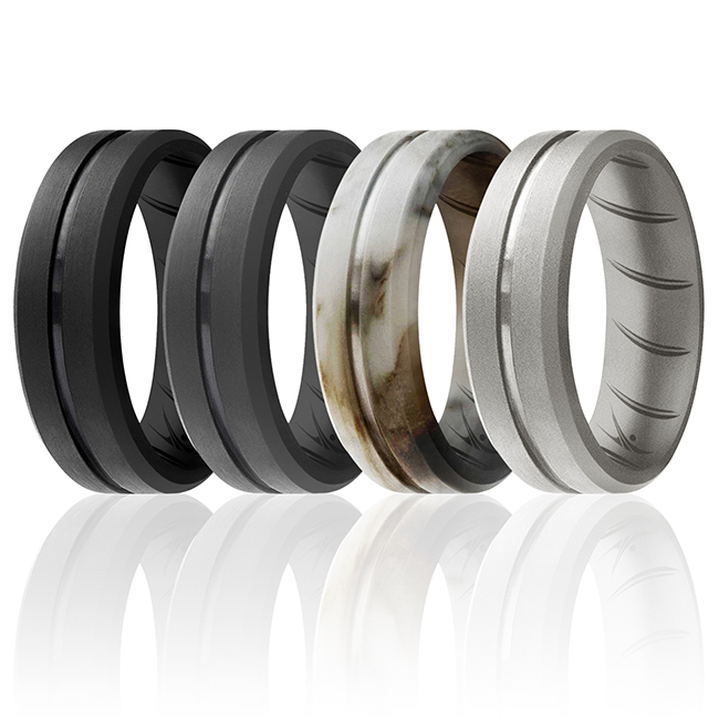 I0118862 Men Silicone Wedding BR Middle Line Ring Set, Basic & Marble - 4 x 12 mm Ring