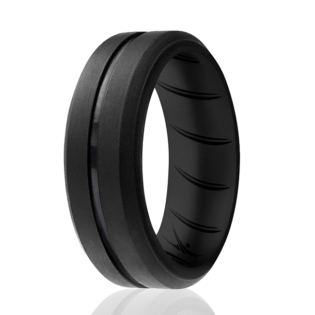 I0118870 Men Silicone Wedding BR Middle Line Ring, Basic & Black - 10 mm Ring