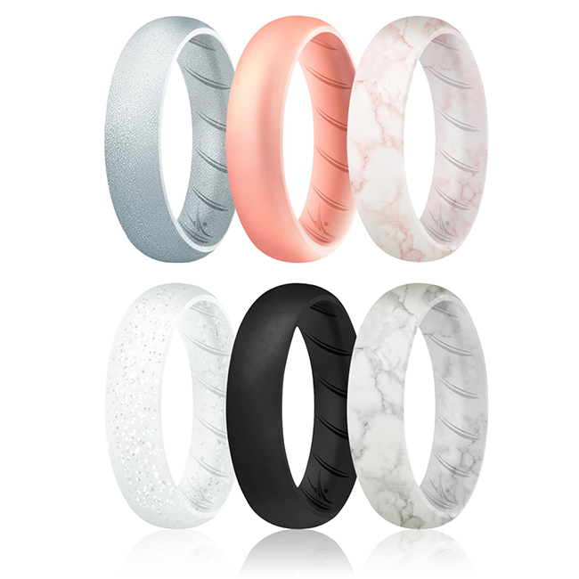 I0118915 Women Silicone Wedding BR Solid Ring Set, Basic & Marble - 6 x 4 mm Ring