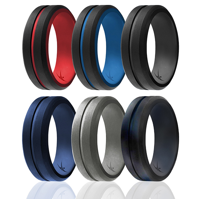 I0119014 Men Silicone Wedding 2Layer Middle Line Ring Set, Black & Camo - 6 x 8 mm Ring
