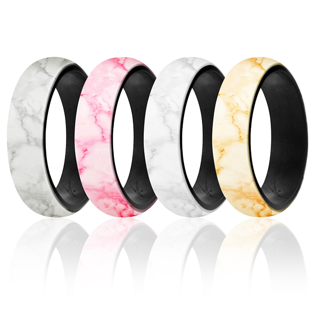 I0119034 Women Silicone Wedding 2Layer Ring Set, Bordo & Marble - 4 x 5 mm Ring