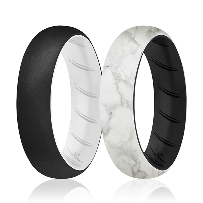 I0119068 Women Silicone Wedding BR Solid Ring Set, Black & Marble - 2 x 5 mm Ring