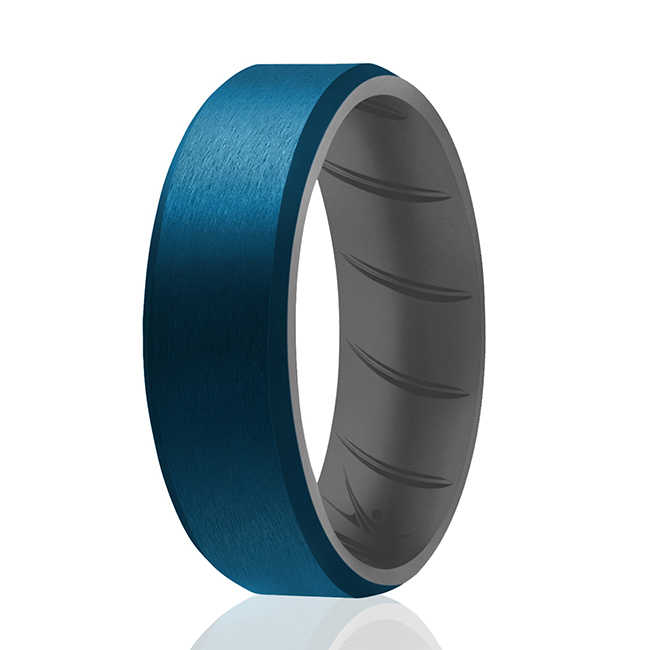 I0119111 Men Silicone Wedding BR 8 mm Edge Ring, Grey & Blue - 14 mm Ring