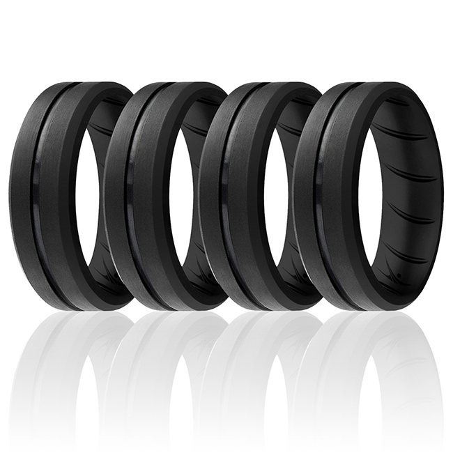 I0119148 Men Silicone Wedding BR Middle Line Ring Set, Basic & Black - 4 x 11 mm Ring