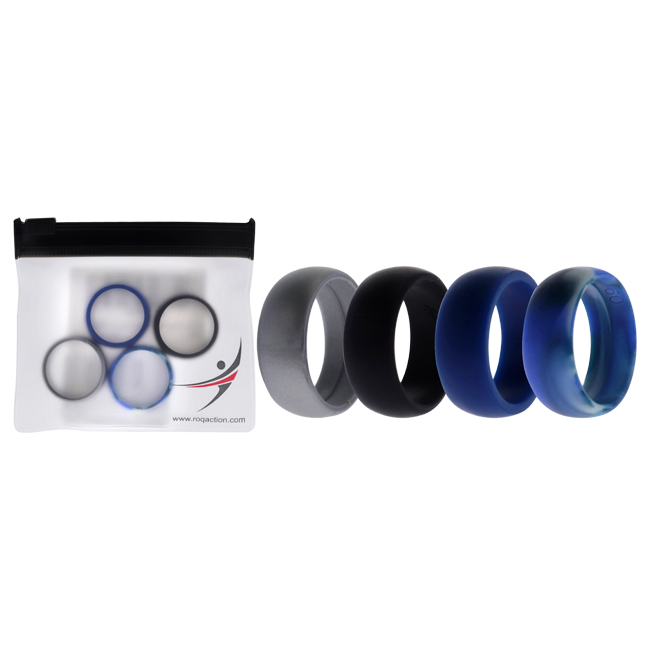 I0117615 Men Silicone Wedding Ring Set, Blue & Camo - 4 x 9 mm Ring