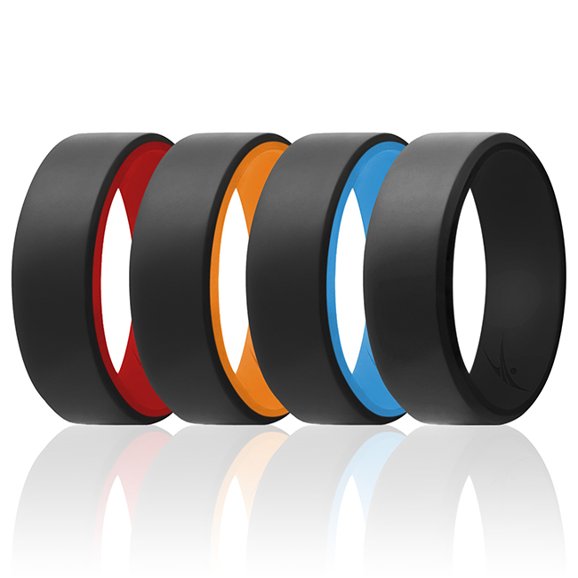 I0118282 Men Silicone Wedding 2Layer Beveled 8 mm Ring Set, Black - 4 x 14 mm Ring