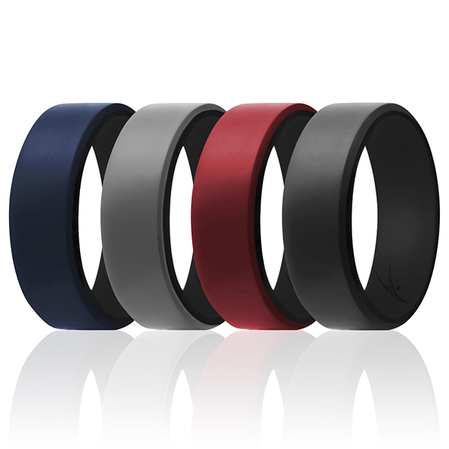 I0118292 Men Silicone Wedding 2Layer Beveled 8 mm Ring Set, Bordeaux - 4 x 14 mm Ring