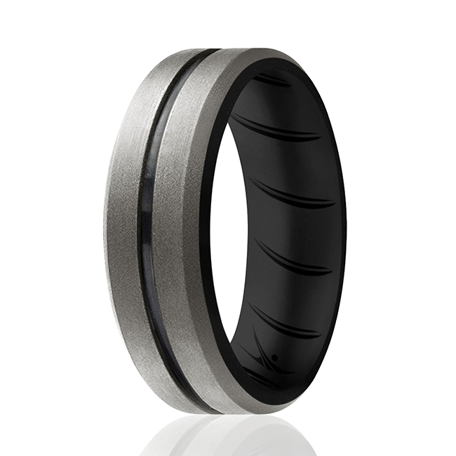 I0118470 Men Silicone Wedding BR Middle Line Ring, Black & Silver - 11 mm Ring