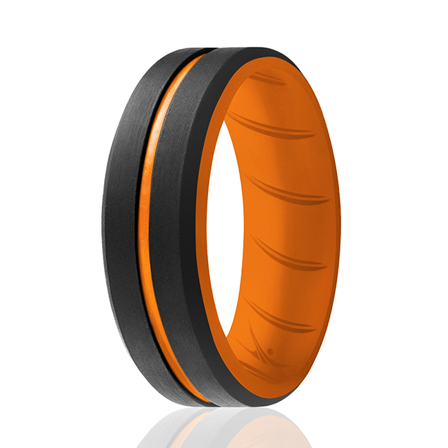 I0118483 Men Silicone Wedding BR Middle Line Ring, Orange & Black - 14 mm Ring