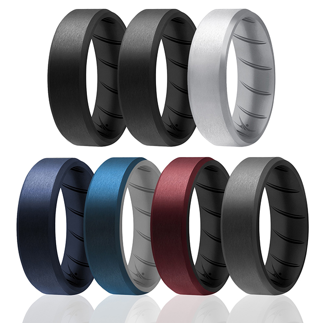 I0118492 Men Silicone Wedding BR 8 mm Edge Ring Set, Black - 7 x 13 mm Ring