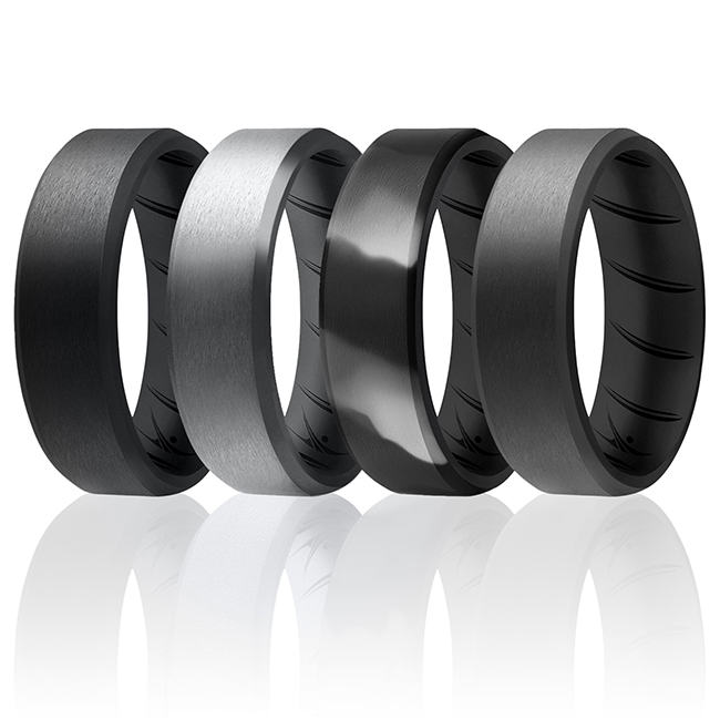 I0118507 Men Silicone Wedding BR 8 mm Edge Ring Set, Black & Camo - 4 x 8 mm Ring