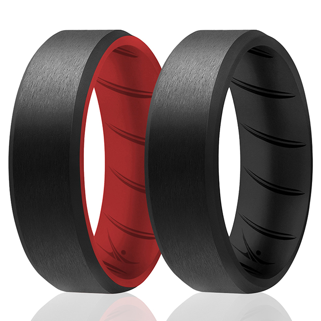 I0118548 Men Silicone Wedding BR 8 mm Edge Ring Set, Black & Red - 2 x 9 mm Ring