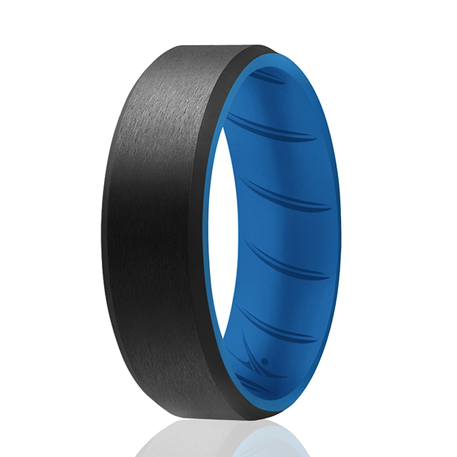 I0118570 Men Silicone Wedding BR 8 mm Edge Ring, Light Blue & Black - 11 mm Ring