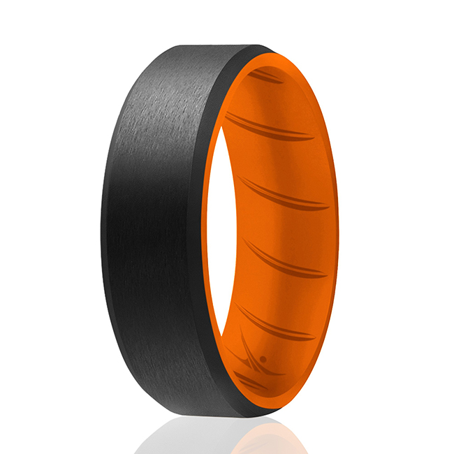 I0118591 Men Silicone Wedding BR 8 mm Edge Ring, Orange & Black - 12 mm Ring