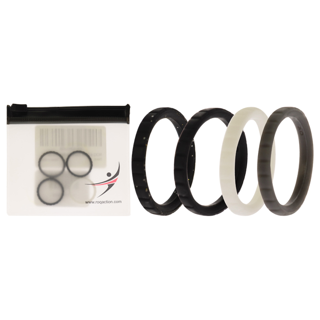 I0117436 Women Silicone Wedding Stackble Lines Ring Set, Black & White - 4 x 4 mm Ring