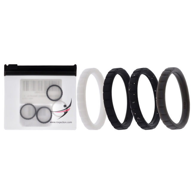 I0117437 Women Silicone Wedding Stackble Lines Ring Set, Black & White - 4 x 5 mm Ring