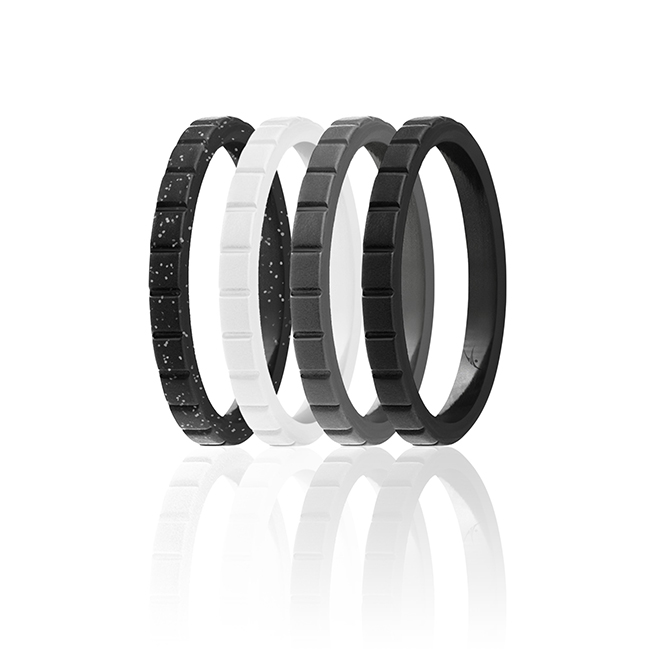 I0117443 Women Silicone Wedding Stackble Lines Ring Set, Black & White - 4 x 11 mm Ring