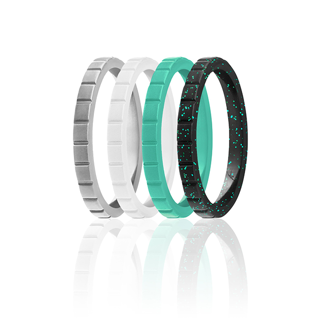 I0117449 Women Silicone Wedding Stackble Lines Ring Set, Turquoise - 4 x 9 mm Ring