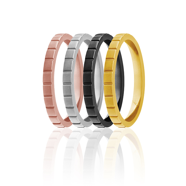 I0117533 Women Silicone Wedding Stackble Lines Ring Set, Metal - 4 x 7 mm Ring